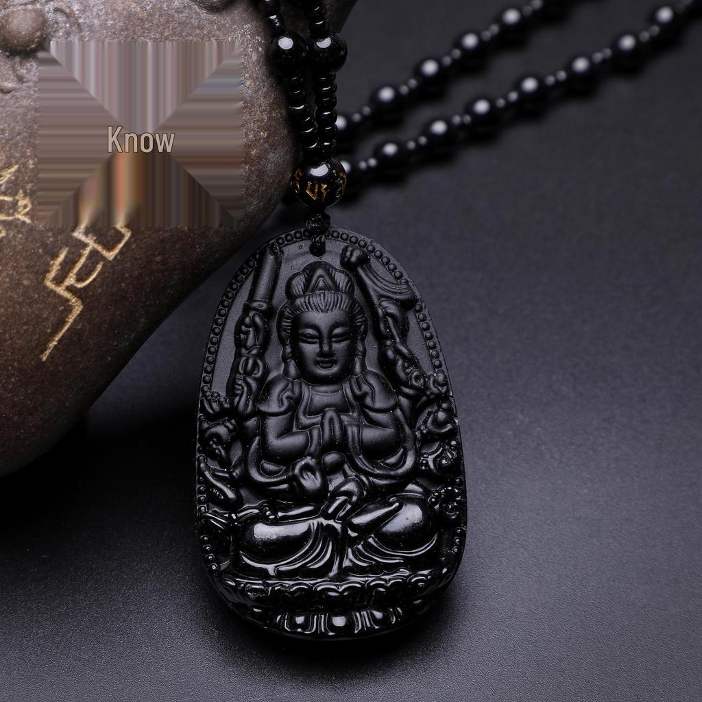 12 Zodiac Guardian Gods Black Obsidian Necklace with Guanyin Pendant