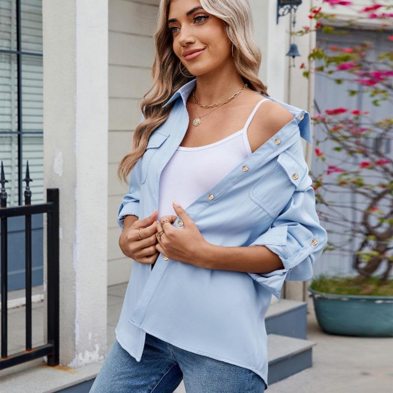 Damen Casual Langarm Einfarbiges Hemd Top Kleidung für Frauen Y2k Kleidung