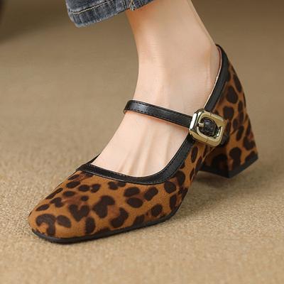 Women's Block Low Heels MaryJane Shoes Dress Pumps Strap Black Leopard Short Heeled Party Office Shoes Female Brand Comfortable