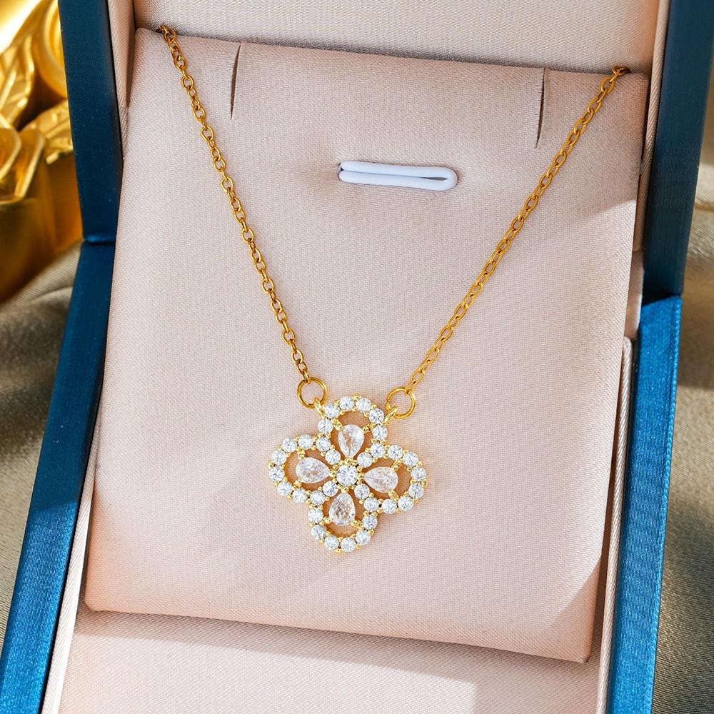 Luxurious Four-Leaf Clover Titanium Steel Necklace & Earring Set with Marquise Diamond Design