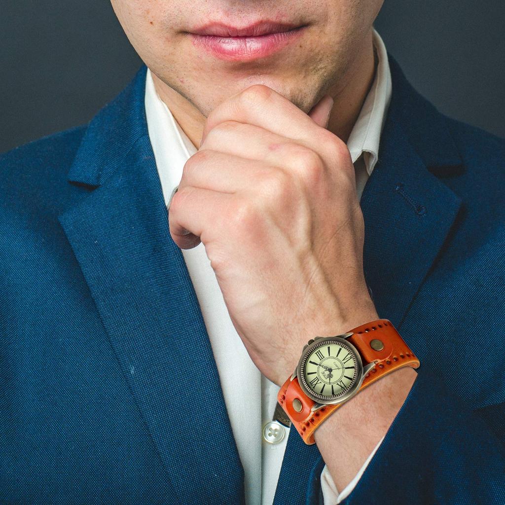 JewelryWe Retro Style Watch Unisex Dial Frame Vintage Fashion Leather Alloy Birthday Gift for Children's Day Brown (Yellow)