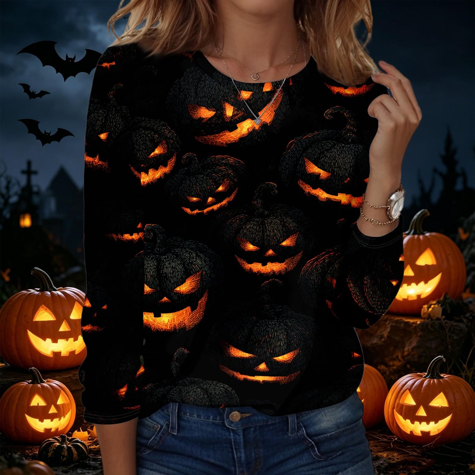 Women s Halloween Print Pullover Sweatshirt Long Sleeve Crewneck Top Casual Loose Fit Lightweight Pullover S