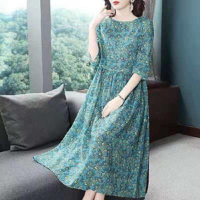Zomer Nieuwe Stijl Bloemen Maxi Jurk voor Plus Size Vrouwen, Vintage Dame Mode Casual Geprinte Lange Mouw Jurk