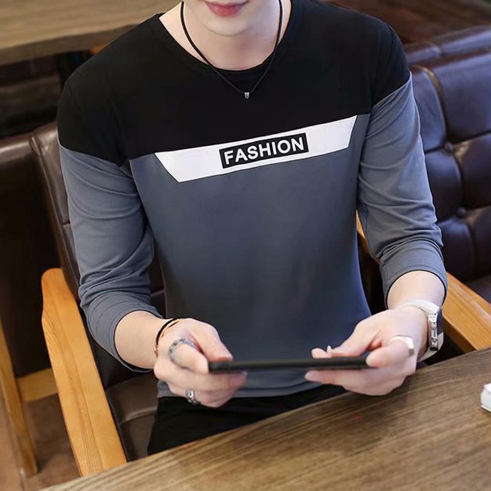 Fall Spring Men Top Patchwork Color Matching Letter Pattern Round Neck Long Sleeves Pullover Daily Wear Casual T-shirt