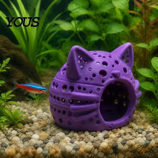 Aquarium Landscaping Decor Shrimp Cave, Cat Head Fish Hideout with Suction Breeding Box Cup, Decorative Cave for Betta Tanks Hiding