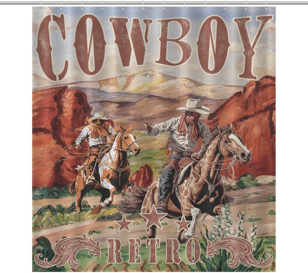 Zachodnie zasłony prysznicowe do łazienki, Wzór kreskówkowy kowbojski, Zestaw zasłon łazienkowych z haczykami, Wodoodporna tkanina, Okna