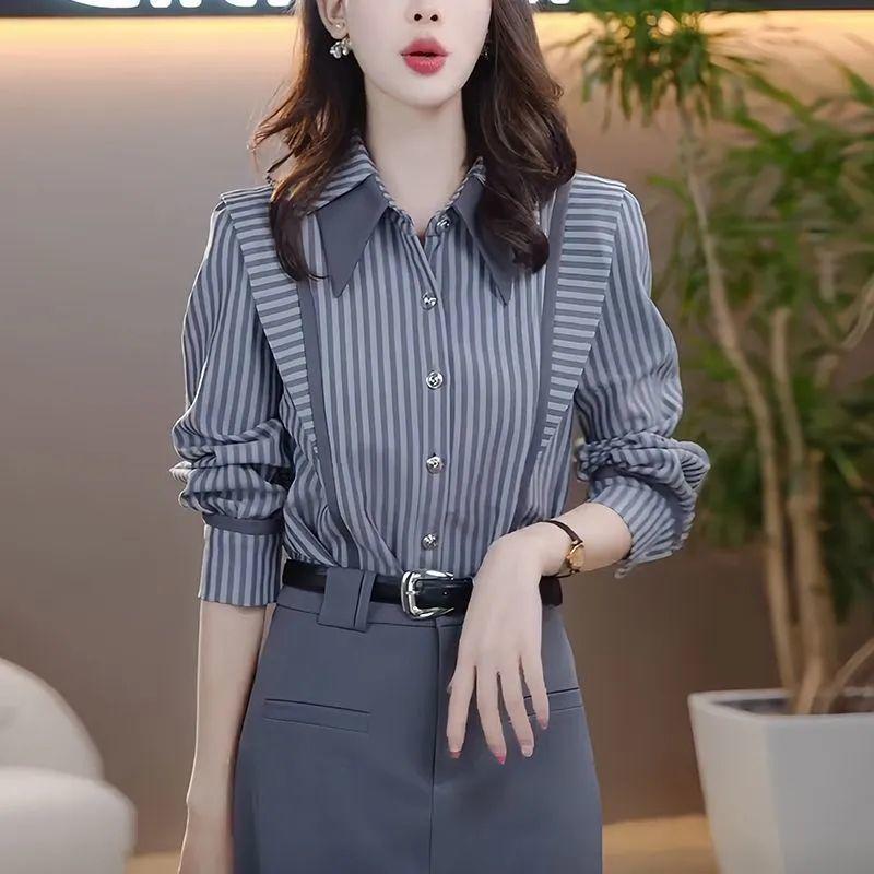 Elegant Age-Defying Striped Long-Sleeve Shirt for Women - Versatile Slimming Top for Spring & Autumn