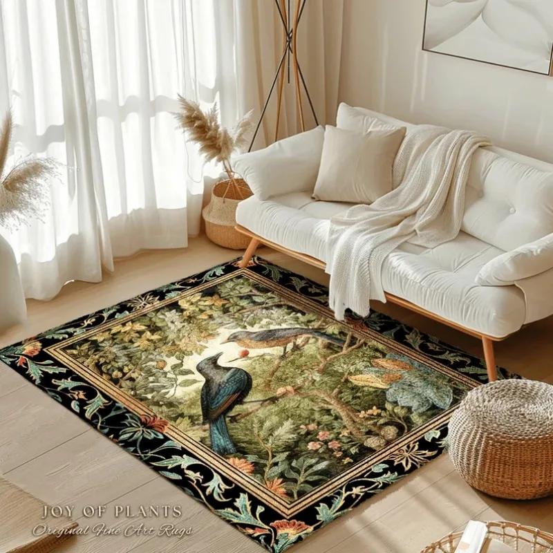 Woodland Birds Cottagecore Rug Bedroom Decor William Morris Inspired Victorian Room Dark Academia Style Rug Mystical Home Accent