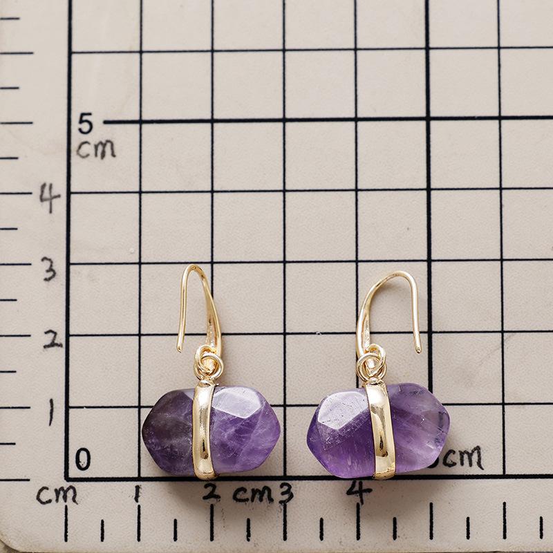 Natural amethyst hexagonal earrings, ear hooks, earrings, Japanese and Korean designers, real gold-plated popular jewelry.