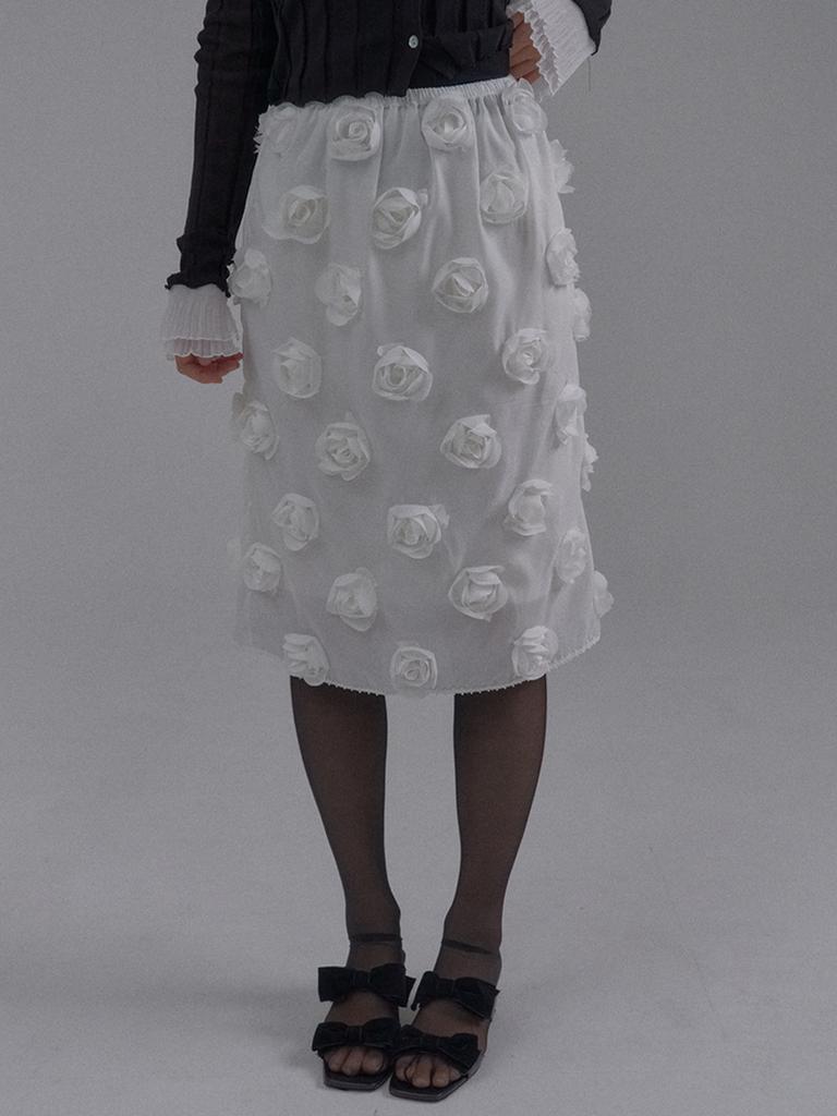 Sorry, Too Much Love Rose Embellished Tulle Midi Skirt_White