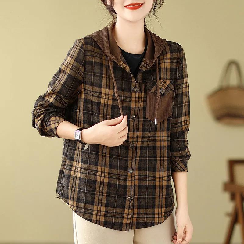Women's  Spring and Autumn   Fashion Plaid Hooded    Shirt Women Casual  Cardigan Loose Coat