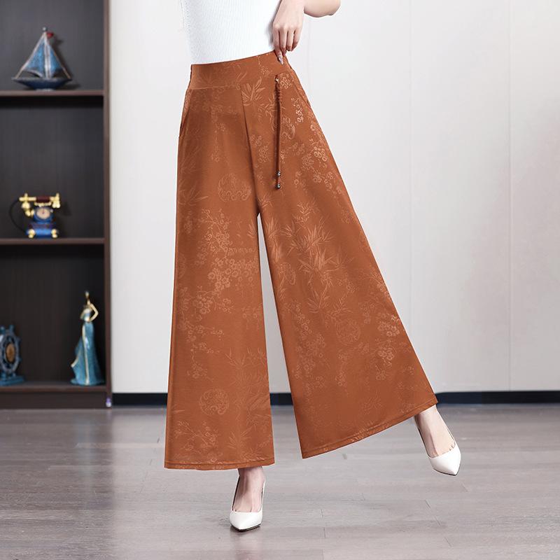 Middle Aged and Elderly Women's Wide Leg Pants Summer Loose Chinese Style Pants Retro Printed Skirt Pants