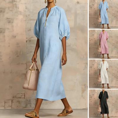 Dames Zomer Katoen Linnen Jurk Casual Pofmouw Halve Mouw Lange Tuniek Jurk Ritssluiting Ronde Hals Losse Vakantie Jurk met Zakken