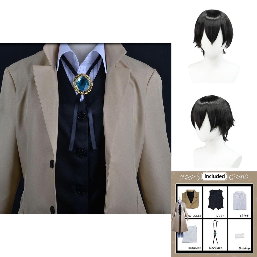 Exquisite Dazai Osamu Cosplay Costume Wig Trench Coat Bungo Stray Dog Halloween Carnival