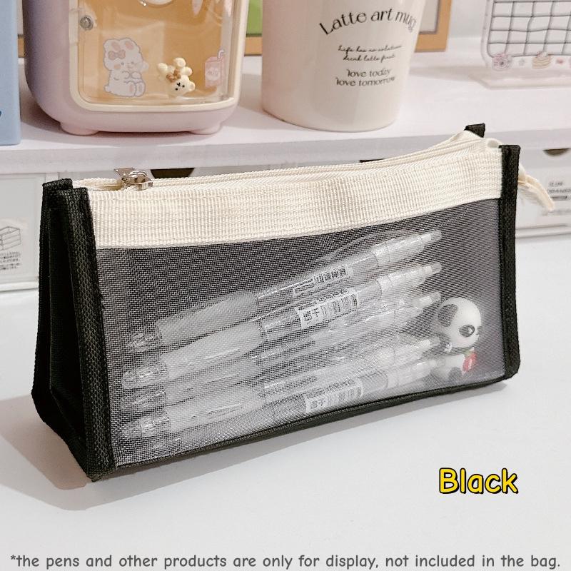 Trousse à crayons en maille transparente Color Block Sac de rangement pour stylos pour examen Minimaliste Grande capacité Multi-couches Papeterie