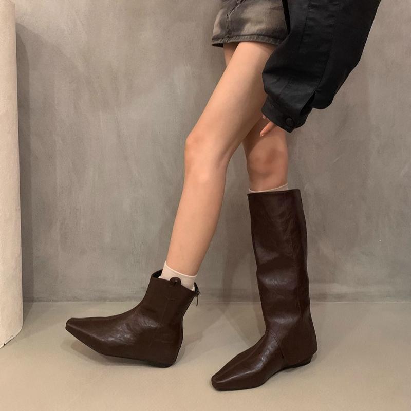 Cosy Soft Leather Women Knight Long Boots Fashion Button Combination Splicing Female Western Cowboy Booties