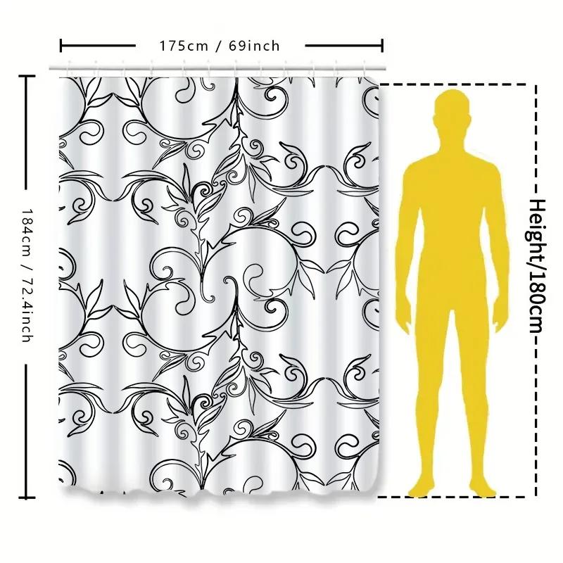 Modern Black And White Shower Curtain With Floral Pattern Decorative Waterproof Home Bathroom Fabric Bathrooms 180X245Cm (White)