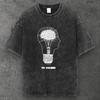 Mens Brain Light Bulb Graphic Cotton T Shirt Washed Black Y2K Streetwear S-4XL
