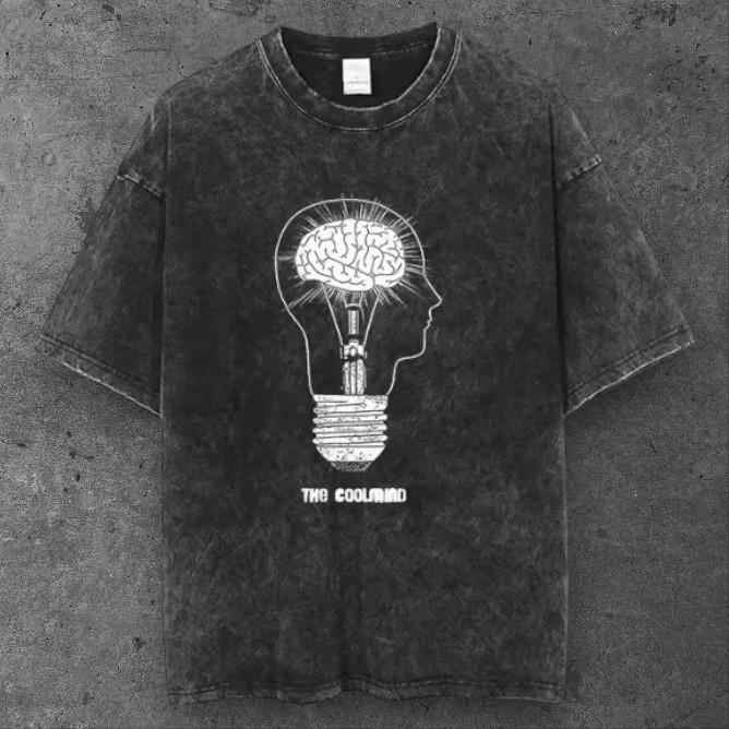 Mens Brain Light Bulb Graphic Cotton T Shirt Washed Black Y2K Streetwear S-4XL