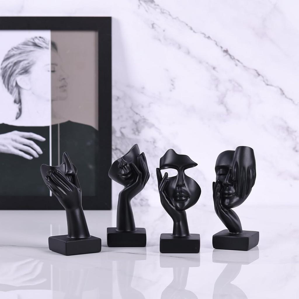 Black Abstract Thinker Figurine Set of 4, Home Art Face Small Statue for Accents Decor Women Bedroom Shelf Bookcase Room Desk, TV Stand, Coffee Table