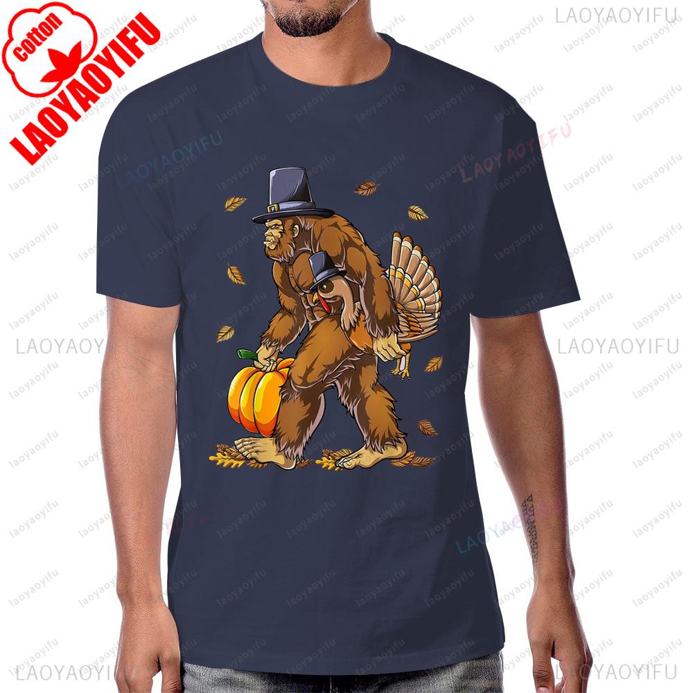 Bigfoot Turkey Pumpkin Thanksgiving Sasquatch Tshirt Casual Fashion Loose Short Sleeve Cool Unisex T Shirt Y2K Unisex Streetwear
