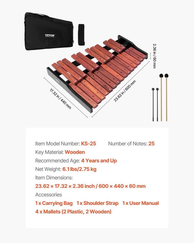 Glockenspiel Xylophone, 25 Notes, Wooden Professional Xylophone Percussion Instrument, with 4 Mallets, Carrying Bag, Beginner Glockenspiel Musical
