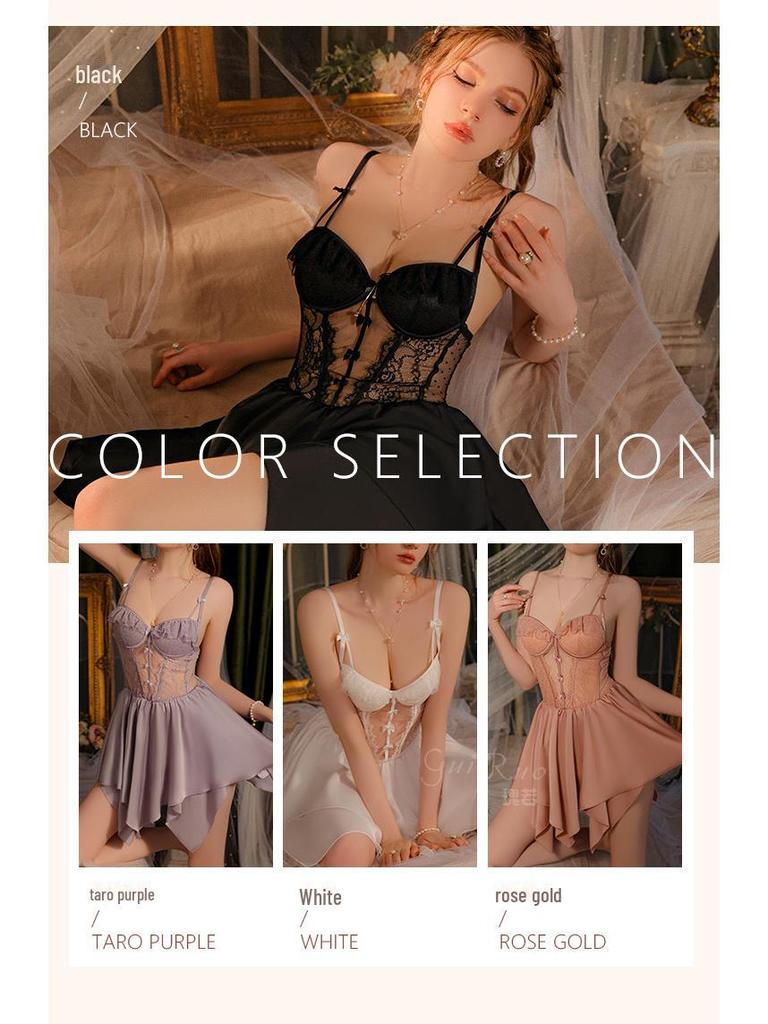 Guiruo Satin Lace Nightdress & Robe Set with Chest Pad
