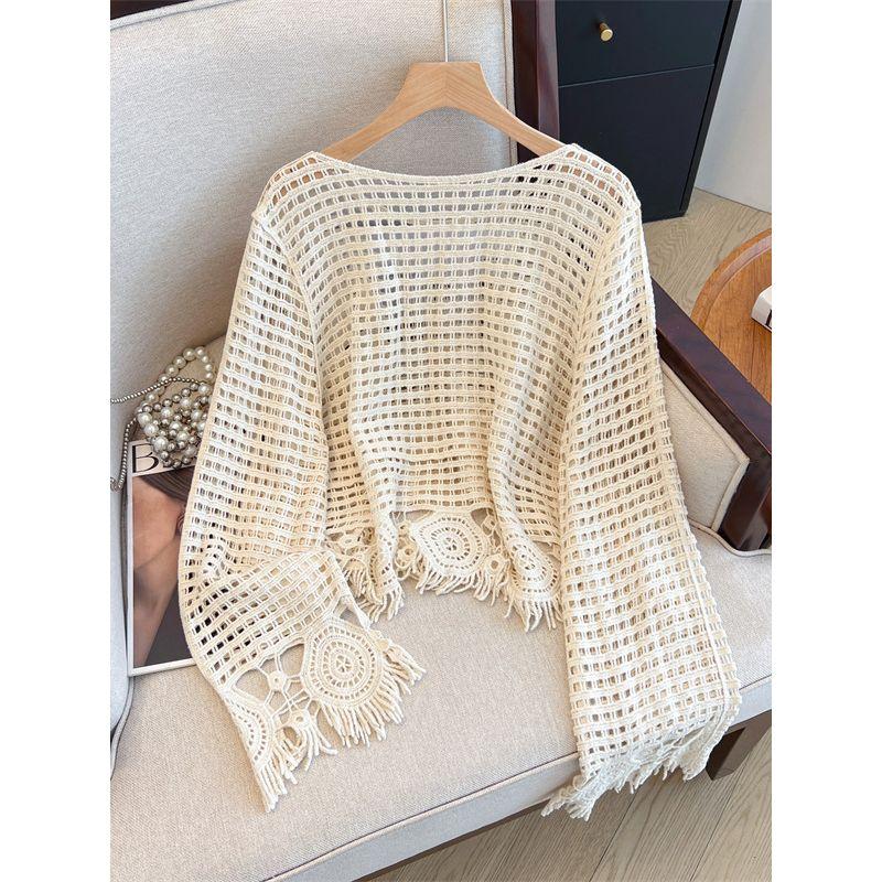 Women Clothing Chubby Girl Spring and Summer New Round Neck Hollow Out Crochet Cover Up Meat Covering Airable Shirt Knitted Sun Protection Clothing