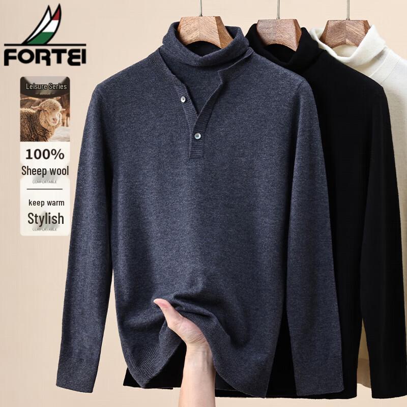 FORTEI Men's Mock Layer High-Neck Pure Wool Sweater