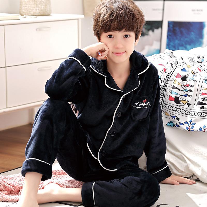 Kids Flannel Pajamas Set Boys Girls Warm Long Sleeve Top And Pants Sleepwear Winter Home Nightwear
