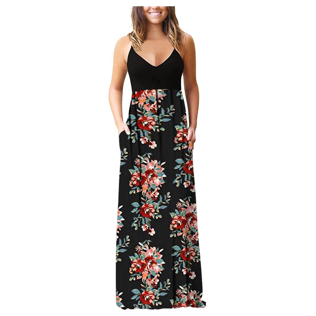Women Sleeveless Print  V-neck Maxi Dress Summer Party Cami Dress With Pockets