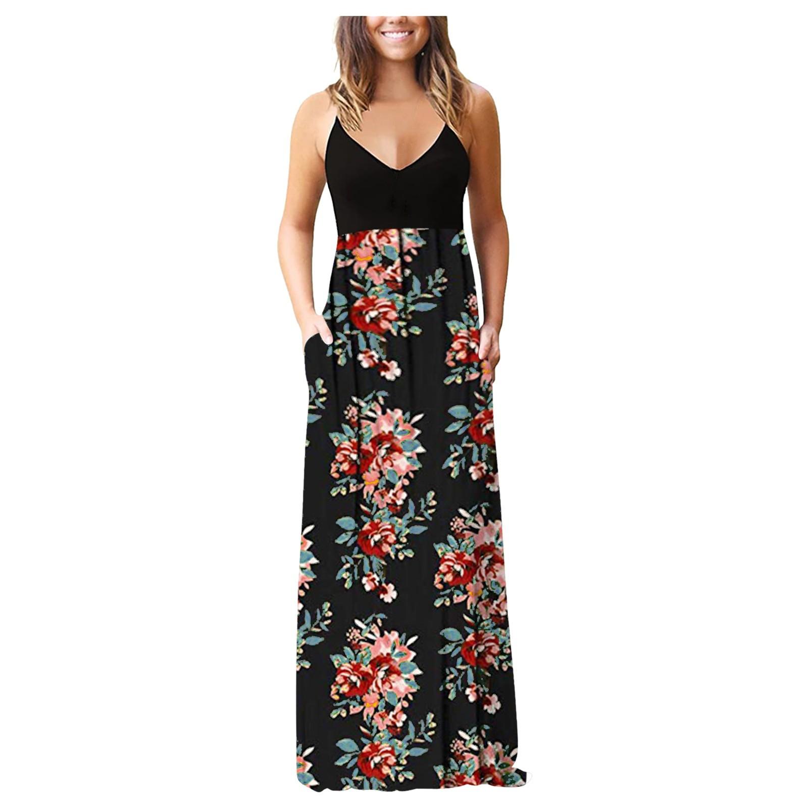 

Women Sleeveless Print V-neck Maxi Dress Summer Party Cami Dress With Pockets XXL