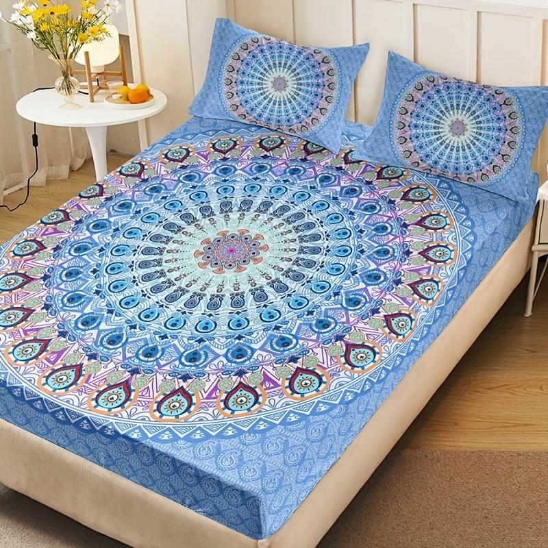 3-Piece Vibrant Blue Mandala Bohemian Fitted Sheet Set - Soft Breathable HD Printing Bedding for Home Dorm - Includes 1 Fitted
