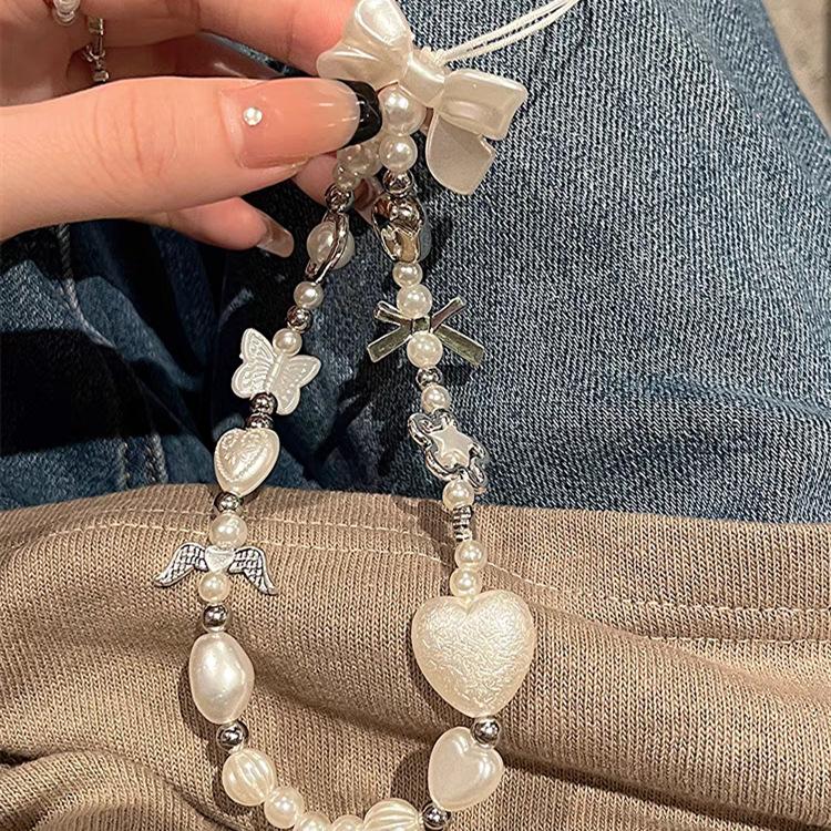 INS Bowknot Suitable Phone Case Chain DIY Pearl Baroque Style Phone Chain CCD Camera Pendant for Girls