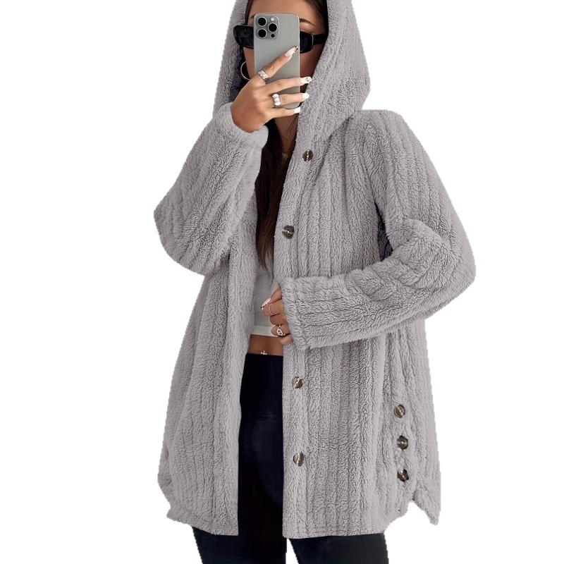 Herbst Winter Neu Damen Einfarbig Langärmlig Kapuzenjacke Locker Plüsch Samt