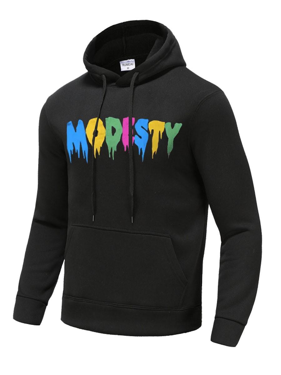 Удобный флисовый спортивный свитер с принтом букв MODESTY для молодежи, повседневный свитер с капюшоном, европейский размер XXXL чёрный