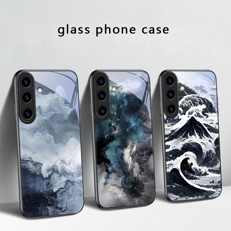 Abstrakte Moderne Wellen Für Samsung Galaxy S20 S21 S22 S23 Plus S24 FE S25 Ultra S26 Edge S25+ 20+ 22+ 24+ Schwarze Glas-Handyhülle