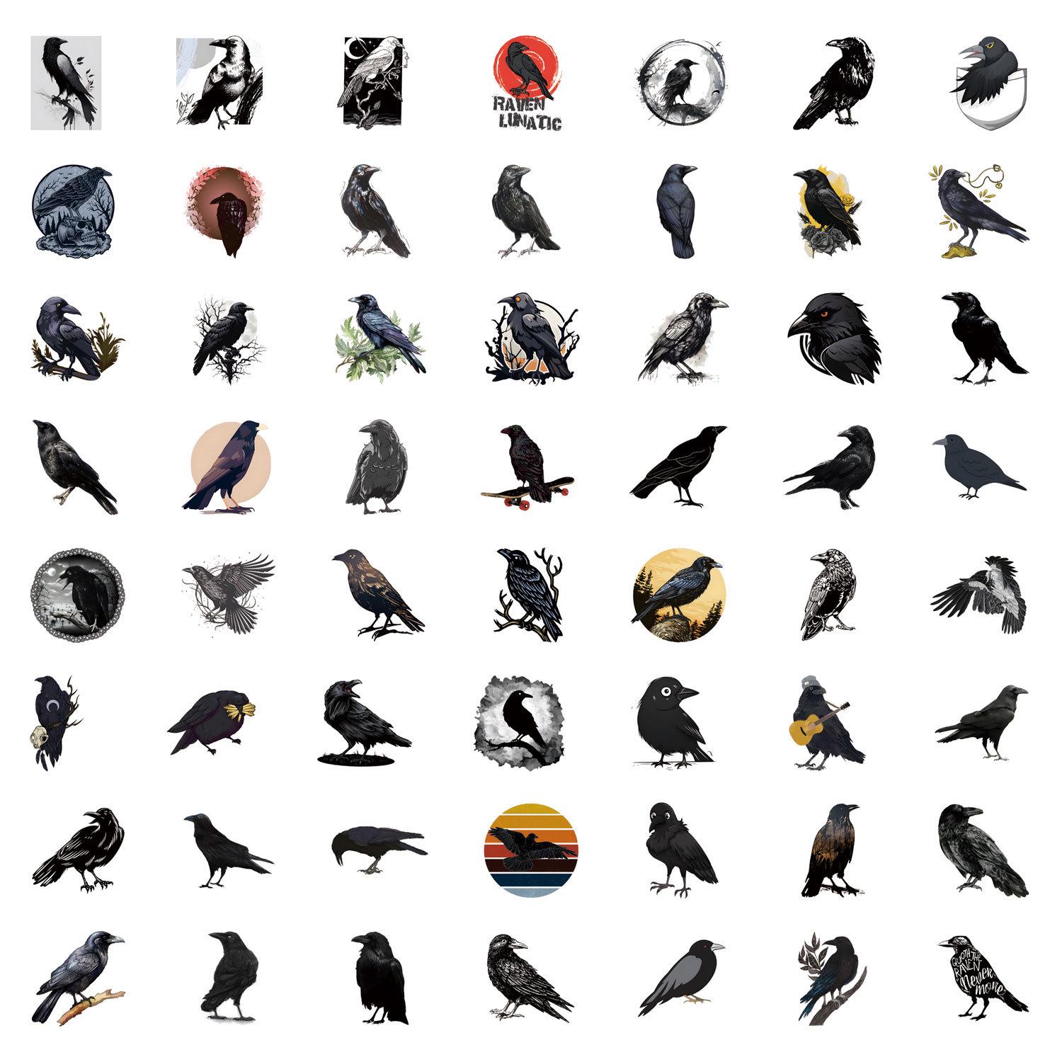 

55 Cartoon Black Crow Waterproof Stickers for Stationery, Planners, Water Bottles, and Computers