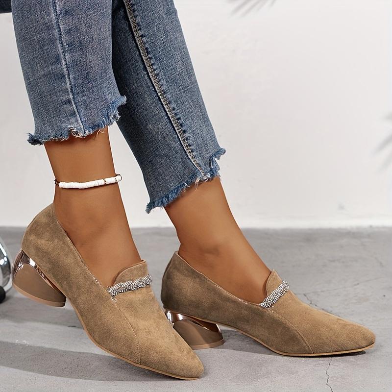 Pointed Toe Crystal Women Loafers Shoes Chunky Suede Mid Heels Casual Shoes Autumn New Brand Walking 2024 Cozy Zapatos Mujer