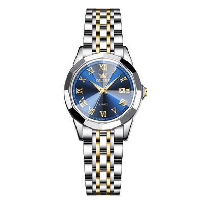 Business Stylish Analog Quartz Movement with Date Popular Gold and Silver Stainless Blue Roman Numerals Women's Watch, Display, Waterproof,