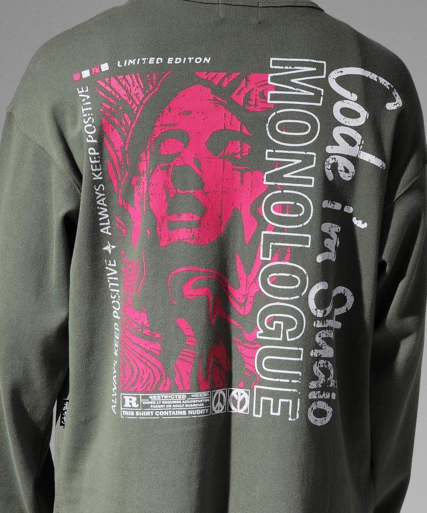 CODE I'M Monologue Print Heavyweight Oversized Long Sleeve Tee Khaki