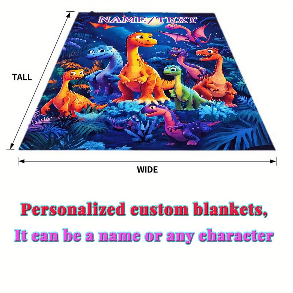 Custom Cartoon Dinosaur Fleece Blanket Personalized Name Soft Warm Kids Throw All Season Bedding Gift For Boys Girls