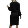 Women's Fashion Color Round Neck Waist Long Sleeve Slit Bag Hip Dress
