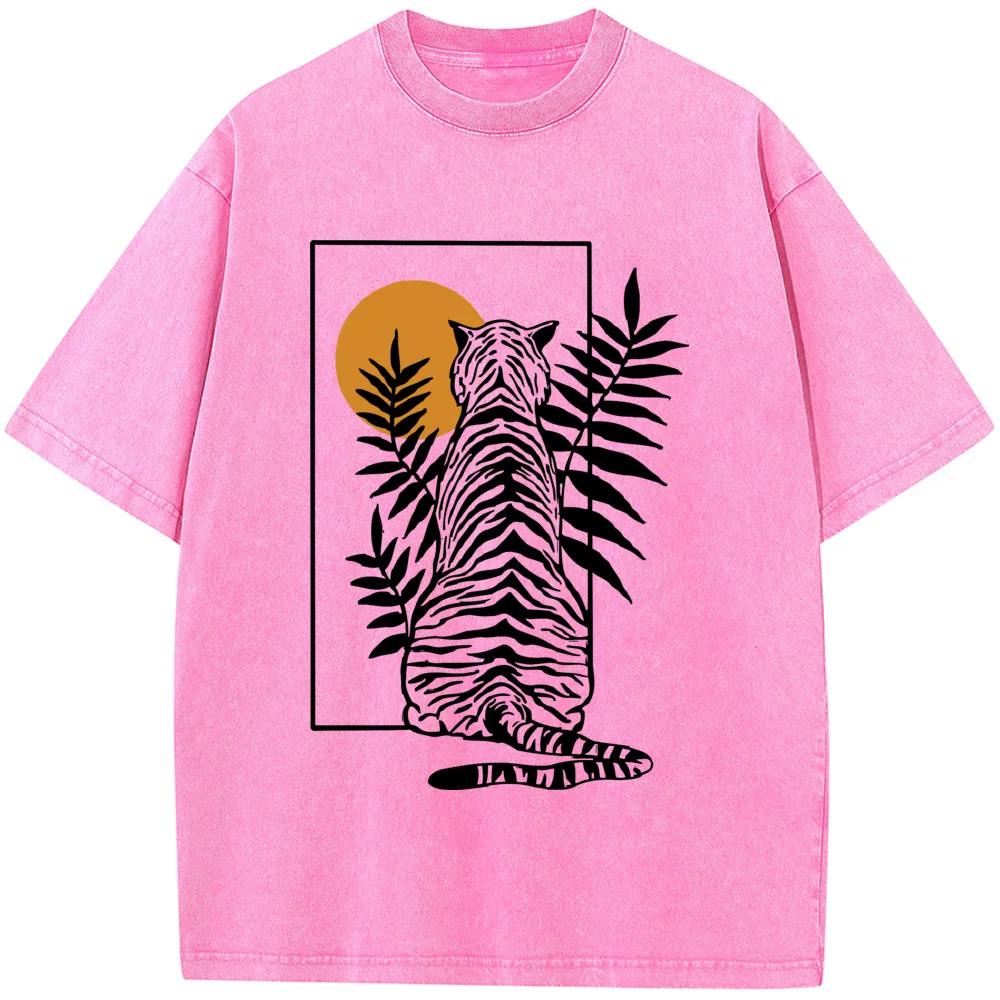 Men's Geometric Tiger Short-Sleeved Shirt  High-Quality Washed Old Tshirt Vintage Colored Mens T-shirts