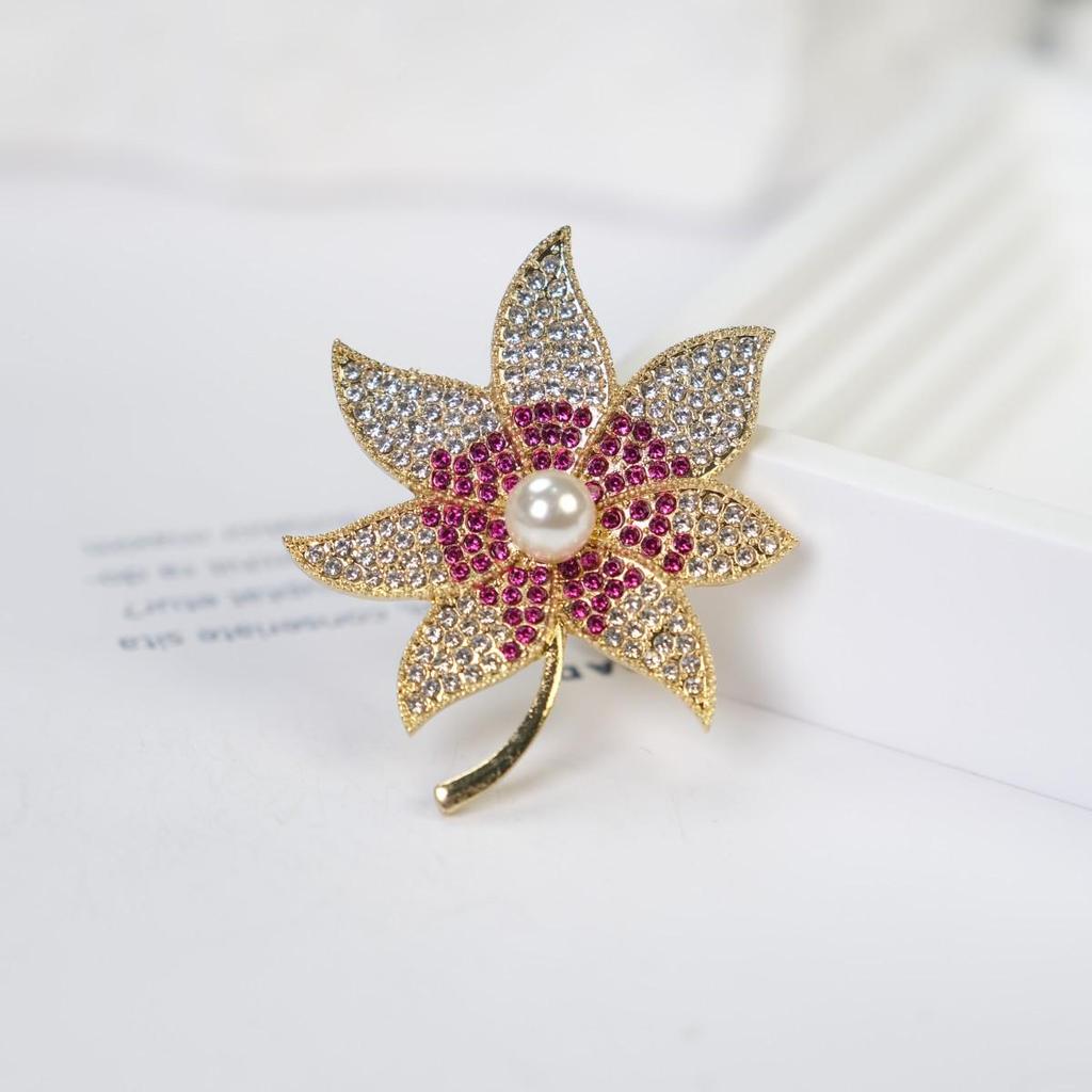 Trendy Two-Tone Pearl & Rhinestone Maple Leaf Brooch