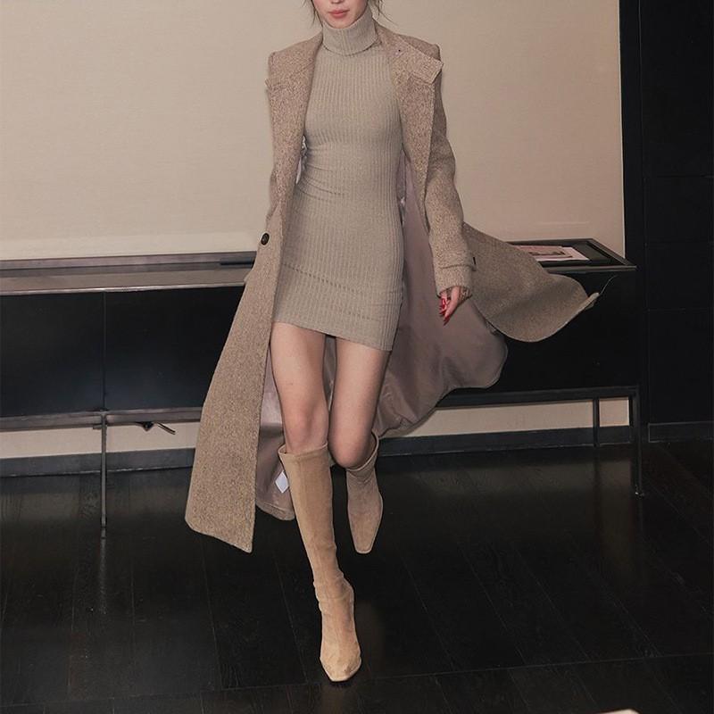 Vintage Elegant Stand Collar Long Wool Blend Coat Women Slim Fit Casual Overcoat