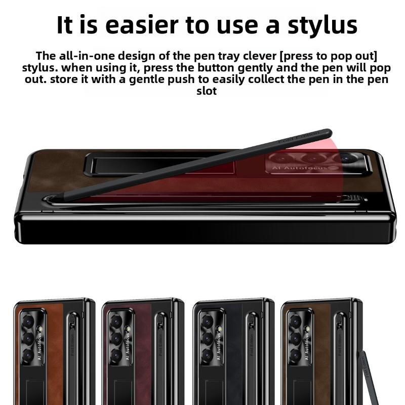 Fold 7 Luxury Dark Retro PU Leather Phone Case for Samsung Galaxy Z Fold 7 6 5 4 3 with Pen Slot Hinge Protection Kickstand