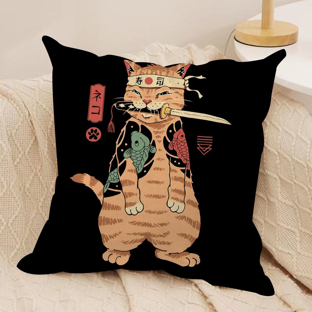 

Japanese Style Samurai Cat Cushion Cover Soft Plush Throw Pillow Cover DoubleSided Printed Cushion Case Sofa Home Decor 30x30cm
