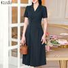 ZANZEA Women Casual Turn Down Collar Solid Color Short Sleeve Dress