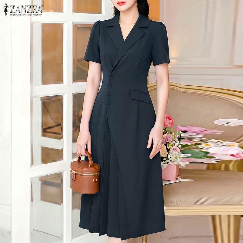 ZANZEA Women Casual Turn Down Collar Solid Color Short Sleeve Dress